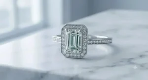 A sophisticated emerald-cut halo engagement ring featuring a clean, geometric design set in platinum.