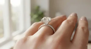 Modern hidden halo cushion cut engagement ring displayed on a hand, showcasing extra diamonds under the center stone.