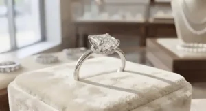 Modern hidden halo princess cut engagement ring with a concealed diamond basket under the center stone