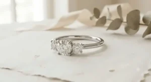 A modern minimalist three-stone engagement ring with sleek clean lines and low-profile prongs.
