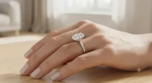 Modern platinum oval diamond engagement ring worn on a hand showcasing its finger-elongating shape.