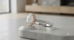 Modern two-tone oval diamond engagement ring showcasing a hidden halo and rose gold accents.