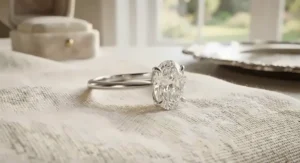 Oval cut solitaire engagement ring for women with a delicate thin band in white gold.