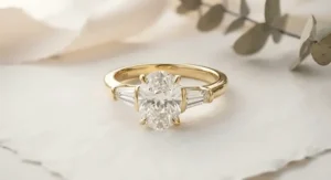 An elegant oval cut three-stone engagement ring with tapered baguette side stones in a yellow gold setting.