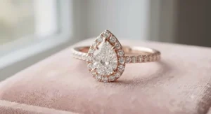 A stunning pear-shaped diamond halo engagement ring crafted in romantic 14k rose gold.