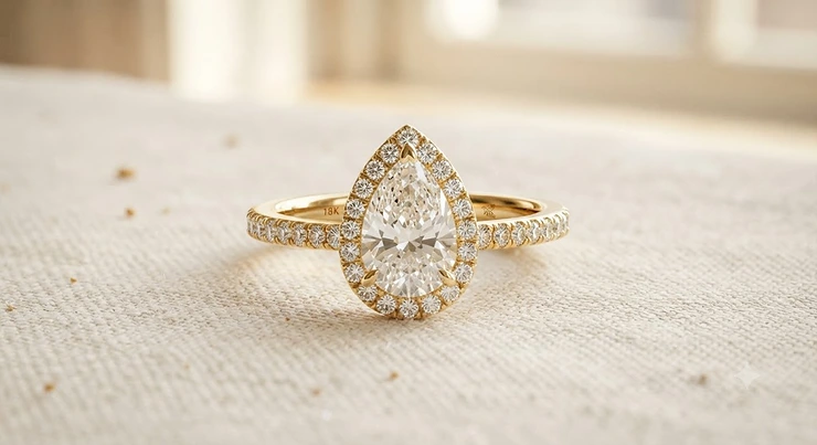 A stunning pear shaped halo engagement ring set on a classic yellow gold band, showcasing a brilliant center diamond.