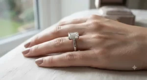 A close-up view of a sparkling platinum emerald cut ring worn elegantly on a finger.