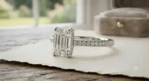 A modern platinum emerald cut ring featuring a shimmering diamond pavé band.