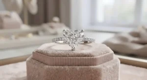 A luxurious platinum heart shaped engagement ring with a sparkling diamond pave band.