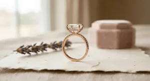 A romantic rose gold emerald cut engagement ring featuring a hidden diamond halo for added sparkle from the side profile.
