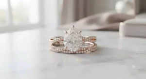 A romantic rose gold engagement ring and wedding band set with a pear-cut center stone and a twisting diamond-encrusted matching band.