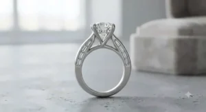 A side profile view of an engagement ring showing the cathedral setting and step-cut baguette diamonds.