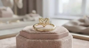 Side profile view of a high-set heart shaped engagement ring highlighting the basket setting.