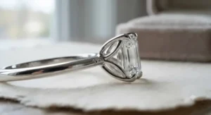 A side profile view of a custom platinum emerald cut ring showcasing the basket setting and prongs.