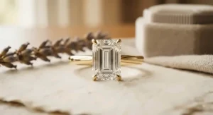 An elegant solitaire emerald cut engagement ring on a sleek, tapered 14k gold band, highlighting the stone's step-cut clarity.