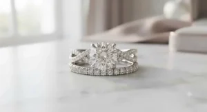 A dramatic split shank engagement ring and wedding band set designed with interwoven diamond strands and a matching contoured wedding band.