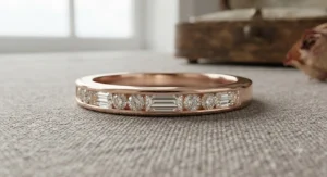 A chic stackable wedding band featuring alternating channel-set baguette and round diamonds in rose gold.
