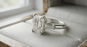 An elegant three-stone engagement ring with a brilliant emerald cut center diamond and side baguette diamonds set in platinum.