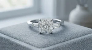 Elegant three-stone cushion cut engagement ring with tapered baguette side stones in platinum.