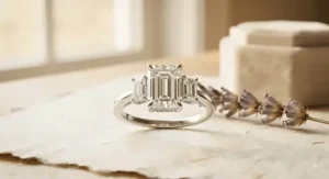 A timeless three-stone engagement ring showcasing a large emerald cut diamond center with two smaller emerald cut accent stones.
