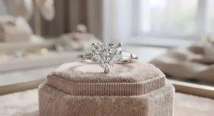 A stunning three stone heart shaped diamond engagement ring with tapered side diamonds.