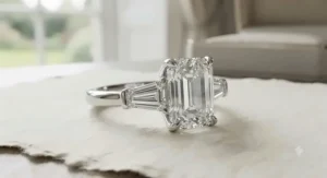 A luxurious three-stone platinum emerald cut ring featuring tapered baguette side stones.
