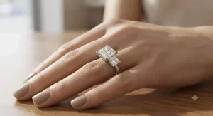 Elegant three stone princess cut engagement ring showcasing a center diamond flanked by trapezoid side stones