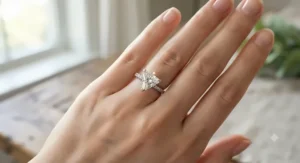 Close-up view of a hand wearing a brilliant trillion cut engagement ring to show its size and unique shape.