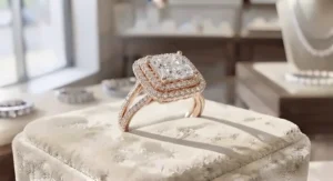 Luxurious double halo princess cut engagement ring with an oversized square diamond head and split shank band