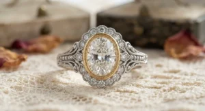 Vintage-inspired two-tone oval engagement ring with intricate milgrain detailing and mixed metal bands.