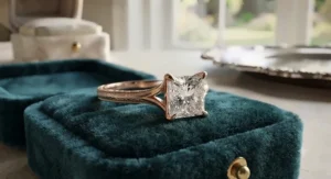 Vintage inspired solitaire engagement ring for women featuring subtle cathedral shoulders.