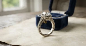 A unique vintage-inspired pear-shaped engagement ring with milgrain detailing and an ornate band, capturing an antique aesthetic.