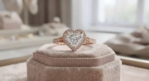 A vintage-inspired rose gold heart shaped engagement ring with a delicate diamond halo.