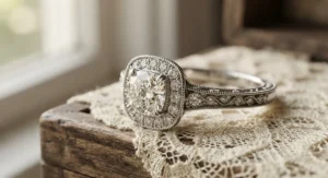 A vintage-inspired cushion-cut diamond halo engagement ring with intricate milgrain detailing on the band.