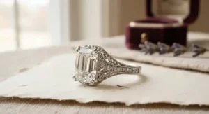 An intricate vintage-inspired emerald cut engagement ring featuring milgrain detailing and an ornate filigree setting.
