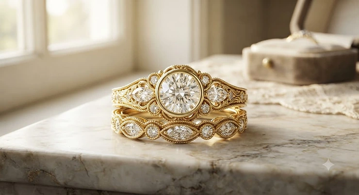 An intricate vintage-style engagement ring and wedding band set showcasing milgrain detailing and marquise accent stones in a yellow gold setting.