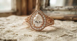 Vintage inspired pear shaped halo engagement ring with intricate filigree and milgrain detailing.