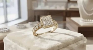 Vintage inspired princess cut engagement ring with intricate milgrain detailing and side stones in yellow gold