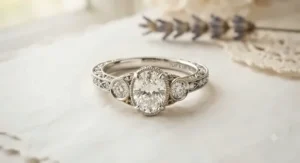 A vintage inspired three-stone engagement ring featuring intricate milgrain work and delicate diamond accents.