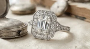 Vintage inspired white gold emerald cut diamond ring featuring a sparkling diamond halo.