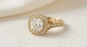 Vintage inspired yellow gold cushion cut ring featuring a sparkling diamond halo