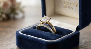 Yellow gold cushion cut ring paired with a matching wedding band in a luxury ring box