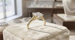 Traditional yellow gold princess cut engagement ring with a high polished finish and cathedral shoulders