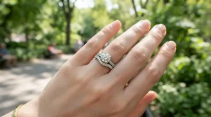 Affordable diamond wedding bands for women paired with an engagement ring