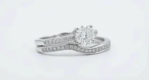 An affordable bridal ring set under $300 displayed against a clean white background to highlight the interlocking design.