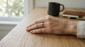 A custom low-profile ring presented as the best engagement ring for small hands for active lifestyles.
