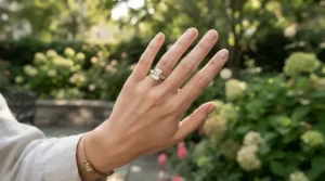 A petite emerald cut diamond styled as the best engagement ring for small hands in a classic setting.