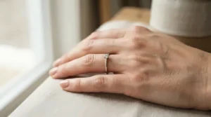 A minimalist four-prong solitaire known as the best engagement ring for small hands for everyday wear.