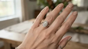 An elongated oval diamond representing the best engagement ring for small hands to create a lengthening effect.