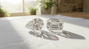 A brilliant moissanite vs diamond engagement ring reflecting colorful light rays in a sunlit room
